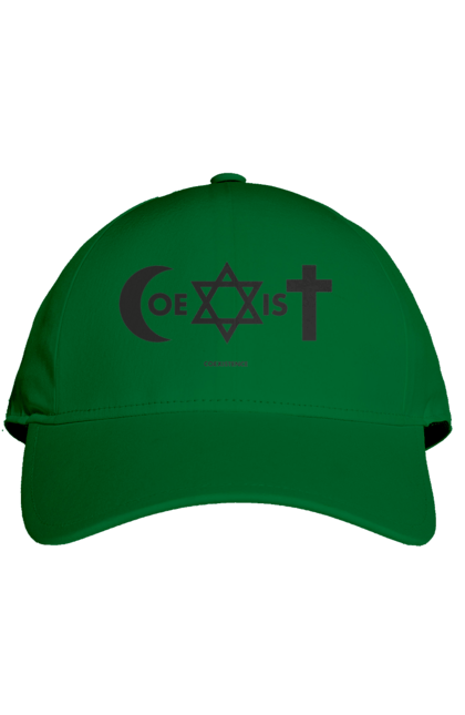 Кепка з принтом "Coexist". Coexist, іслам, іудаїзм, міжрелігійний діалог, релігія, рівність, символи віри, толерантність, християнство. 2070702