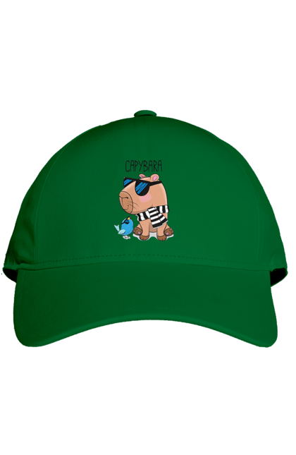 Кепка з принтом "Стильна капібара". Капібара, модна капібара, настрій, окуляри, птах, сонячні окуляри, стильна капібара, тварина, шарф у смужку. 2070702