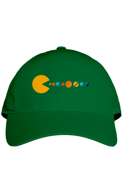 Кепка з принтом "Pac Man Planets". Atari, namco, pac man, аркадна відеогра, відеогра, комп`ютерна гра, космос, лабіринт, планети, сонячна система. 2070702