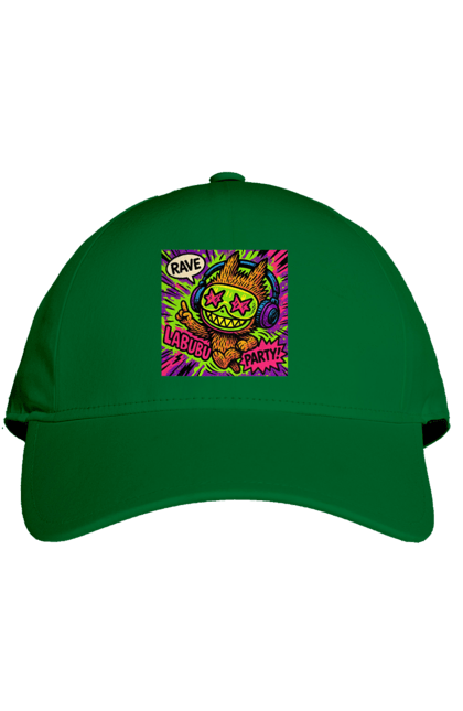 Кепка з принтом "Лабубу". Вечірка, вуличне мистецтво, графіті, зоряніочі, коміксстиль, лабубу, навушники, неон, попарт, рейв. 2070702