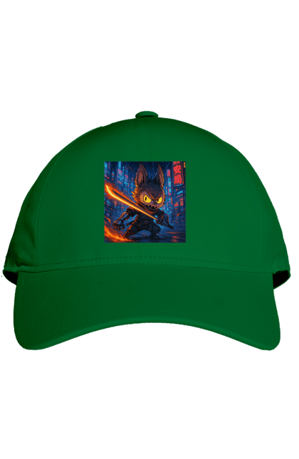 Кепка з принтом "Лабубу". Аніместиль, дія, катана, кіберніндзя, кіберпанк, лабубу, меч, неонове місто, очі` що світяться. 2070702