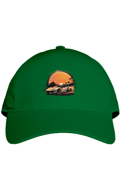 Кепка з принтом "Ламборджині на заході сонця". Авто, автомобіль, ламборджині, машина, машини. 2070702