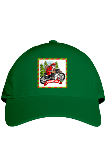 Кепка с принтом Санта на мотоцикле. Елка, мотоцикл, новый год, подарки, рождество, санта, снеговик. 2070702