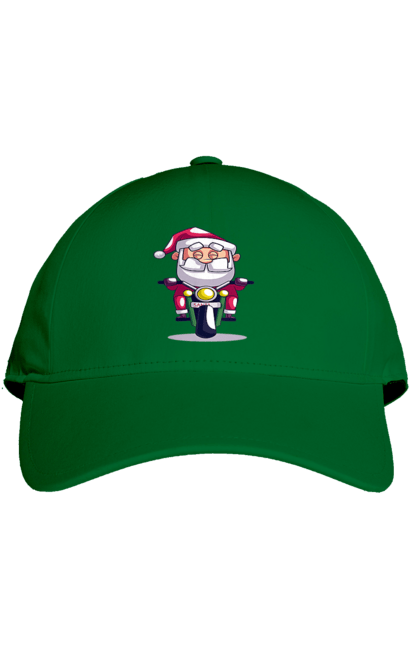 Кепка з принтом "Щасливий Санта на мотоциклі". 2022, дід мороз, зима, мотоцикл, новий рік, різдво, санта, сніг. 2070702