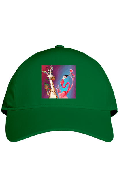 Кепка з принтом "Жираф І Фламінго На Вечірці". Жираф, їжа, коктейль, фламінго. 2070702