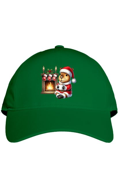 Cap with prints Capybara by the fireplace with hot chocolate. Animal, capybara, christmas, christmas capybara, fireplace, gift, holiday, hot chocolate, new year, santa. 2070702