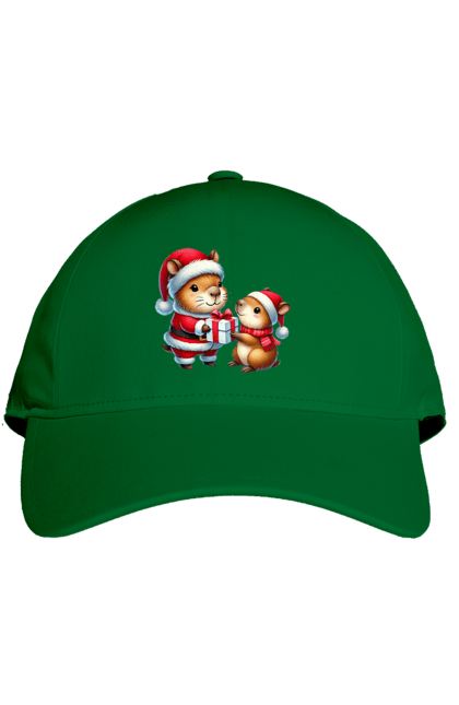 Cap with prints Christmas Capybara with a Gift. Animal, capybara, christmas, christmas capybara, gift, holiday, new year, new year`s gift, santa. 2070702