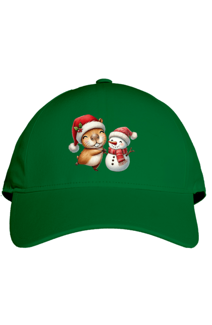 Cap with prints Capybara and Snowman. Animal, capybara, christmas, christmas capybara, gift, holiday, new year, new year`s gift, santa, snowman. 2070702