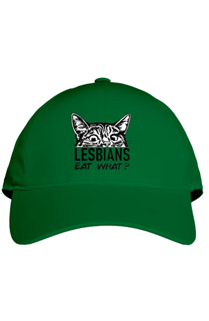 Cap with prints What do lesbians eat?. Funny inscriptions, humor, jokes, kittens, lesbians, lgbt. 2070702