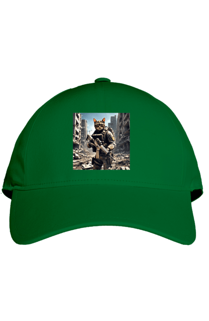 Кепка с принтом Кот десантник. Бронежилет, винтовка, военный, война, защитник, камуфляж, кот, ружье. 2070702