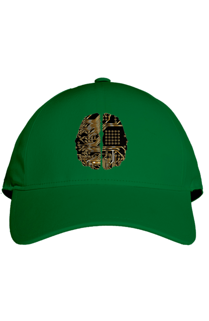 Кепка з принтом "Мозок Айті". Айті, айтішник, гик, знання, золотий, золото, інженер, кібер, кібернетика, кіборг, код, комп, кристал, мікросхема, мозок, програміст, професіонал, професія, розробник, розум, чіп. 2070702