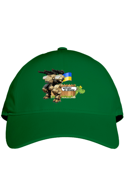Cap with prints Ukraine welcomes you. Combat vehicle, crocodile, flag, machine guns, robot, symbolics, ukraine. 2070702