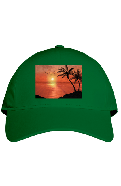 Кепка с принтом Закат Пальмы Море. Берег, закат, море, пальмы. 2070702