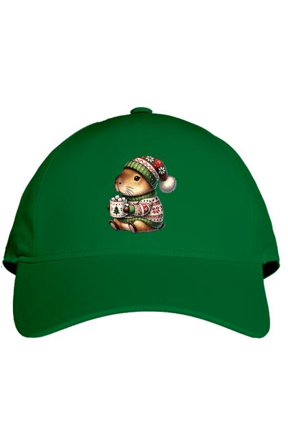 Cap with prints Capybara with hot chocolate. Animal, capybara, christmas, christmas capybara, gift, holiday, hot chocolate, new year, santa. 2070702