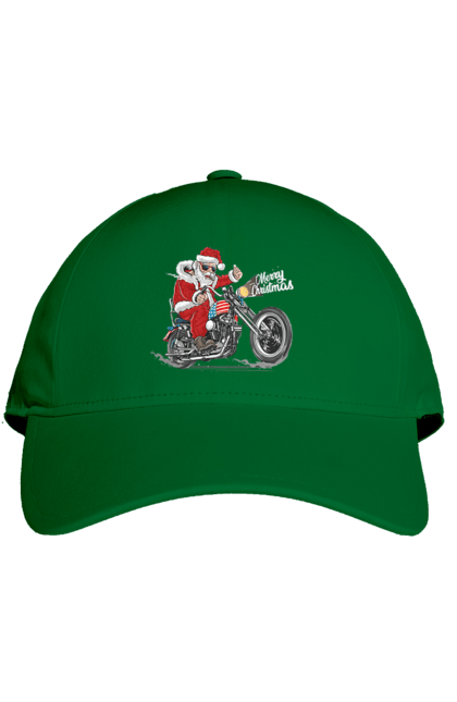 Кепка з принтом "Санта в окулярах на мотоциклі". Байкер, дід мороз, зима, мотоцикл, новий рік, різдво, санта, санта клаус, сніг, щасливого різдва. 2070702
