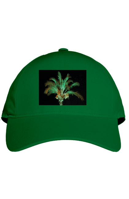 Cap with prints Date Palm At Night. Adventure, black, coast, date, green, island, night, oasis, ocean, palm, recreation, sea, sky, south, travel, tropics, vacation. 2070702