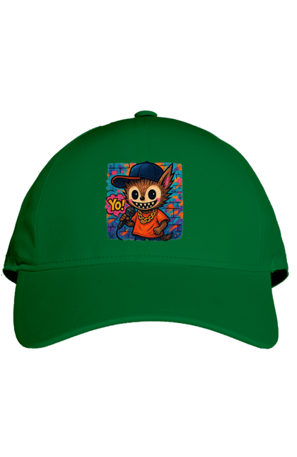 Кепка з принтом "Лабубу". Бейсболка, вуличне мистецтво, графіті, золотийланцюг, лабубу, мікрофон, міський стиль, репатмосфера, хіпхоп, яскраво. 2070702