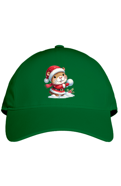 Cap with prints Capybara playing snowballs. Animal, capybara, christmas, christmas capybara, game, gift, holiday, new year, santa, snowballs. 2070702