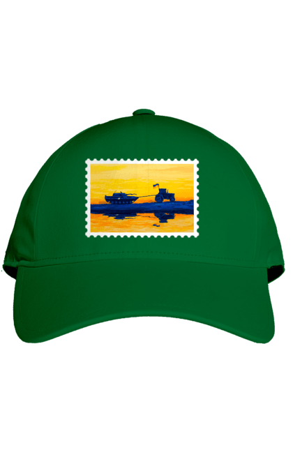 Кепка з принтом "Нова марка, трактор що тягне танк". Добрий вечір, доброго вечора, марка, марка україни, марка укрпочта, ні війні, трактор тягне танк, тракторні війська, укрпочта. 2070702