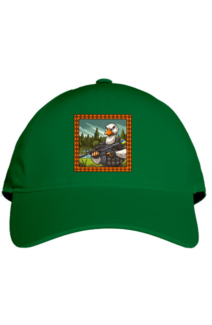 Cap with prints Goose landing. Armed forces, biological weapons, fighting geese, flag, goose landing, military goose, symbolics, ukraine. 2070702