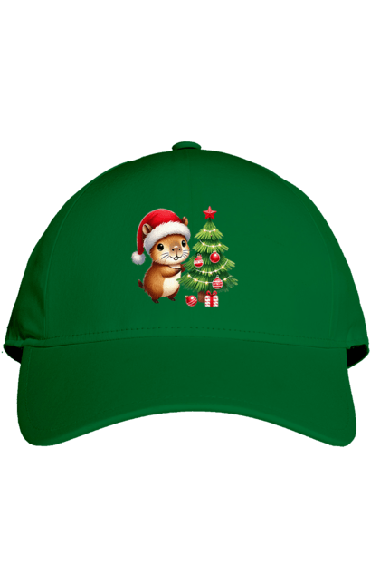 Cap with prints Christmas Capybara with a Tree. Animal, capybara, christmas, christmas capybara, christmas tree, gift, holiday, new year, new year`s gift, santa. 2070702