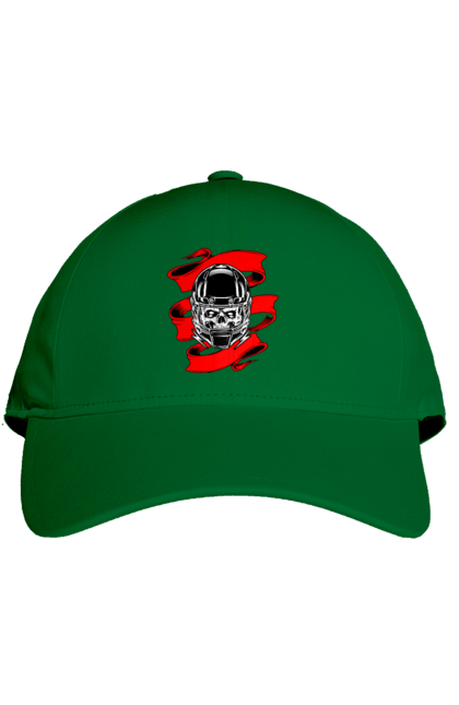 Cap with prints Skull in a motorcycle helmet. Helmet, moto, skull, tape. 2070702