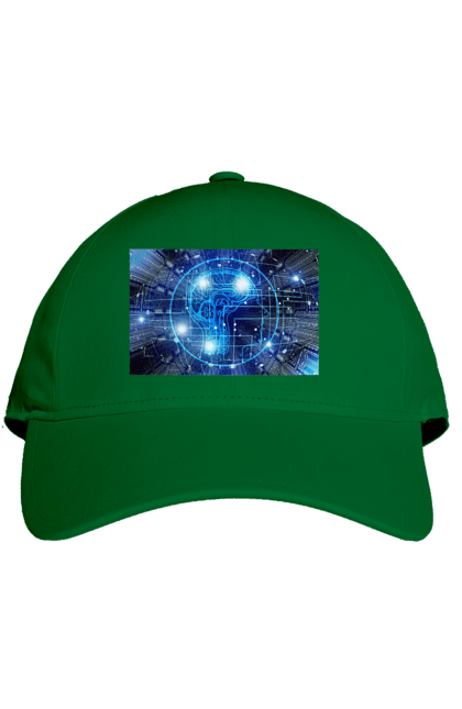 Кепка з принтом "Штучний інтелект". Айті, айтішник, гік, знання, інженер, інтелект, кібер, кібернетика, кіборг, код, комп, комп`ютерник, кристал, машинне навчання, мікросхема, мозок, портрет, програміст, професіонал, професія, розробник, розум, хакер, чіп, штучний інтелект, штучний розум. 2070702