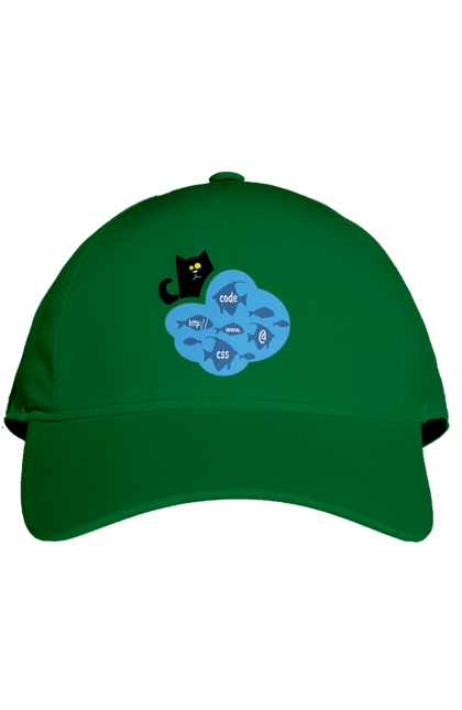 Кепка з принтом "Кіт програміст". Angular, c, css, html, it, javascript, jquery, php, python, react, svelt, vue, айтишник, айті, гумор, код, кодувати, прогер, програміст, програмісти, ти ж, ти ж програміст, тиж програміст. 2070702