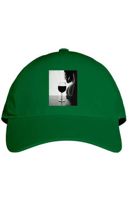 Кепка с принтом Бокал вина. Вино в бокале, грация, ожидание, снова пятница, тело женщины, формы женского тела. 2070702