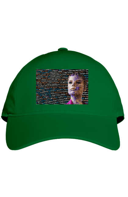 Кепка з принтом "Штучний Розум". Айті, айтішник, гик, жінка, знання, інженер, інтелект, кібер, кібернетика, кіборг, код, комп, комп`ютерник, кристал, машинне навчання, мікросхема, мозок, портрет, програміст, професіонал, професія, розробник, розум, світиться, світло, хакер, чіп, штучний інтелект, штучний розум. 2070702