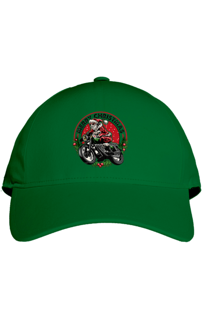 Кепка з принтом "Щасливого Різдва, дід мороз на мотоциклі". 2022, дід мороз, зима, мотоцикл, новий рік, подарунки, різдво, санта, сніг. 2070702