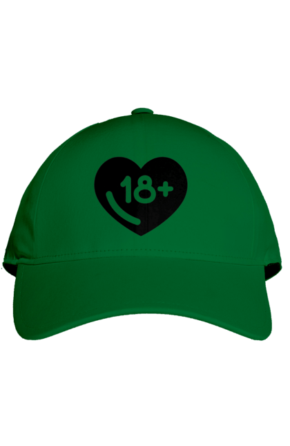 Cap with prints 18+. 18+, black, heart, prohibition, sex. 2070702