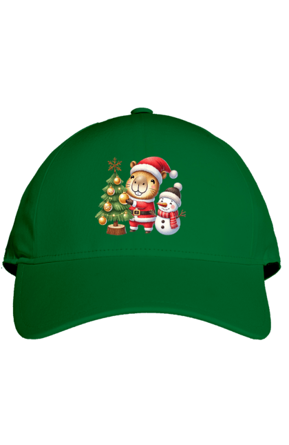 Cap with prints Christmas Capybara with a Tree. Animal, capybara, christmas, christmas capybara, christmas tree, gift, holiday, new year, new year`s gift, santa. 2070702