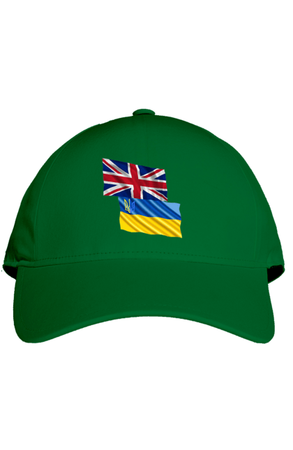 Кепка з принтом "Прапор Великої Британії, прапор України, Підтримка України". Британія, велика британія, війна, киев, мир, національні кольори, прапор, прапор британії, прапор великої британії. 2070702