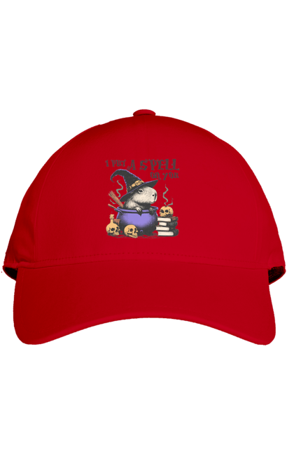 Cap with prints Capybara Halloween. Animal, capybara, ghost, halloween, holiday, moon, pumpkin, rodent, witch. 2070702