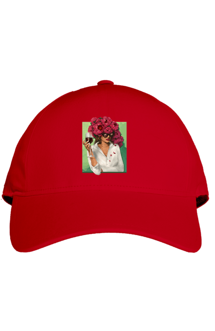 Кепка з принтом "Дівчина з півоніями та келихом". Вино, дівчина, квітка, келих, літо, окуляри, півонії, сорочка. 2070702
