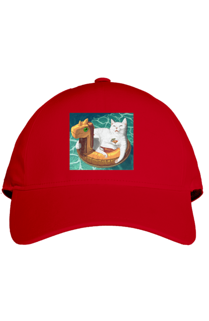 Кепка з принтом "Білий кіт у плавальному колі, на відпочинку". Басейн, відпочинок, кіт, коктейль, море, плавальний круг. 2070702