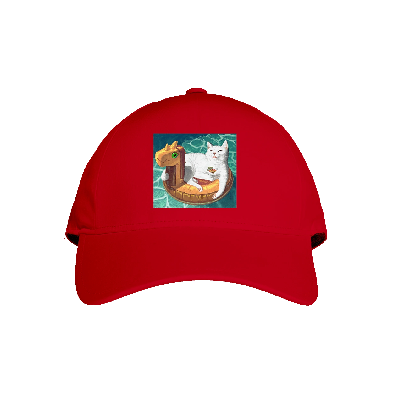 White cat in a swimming circle on vacation