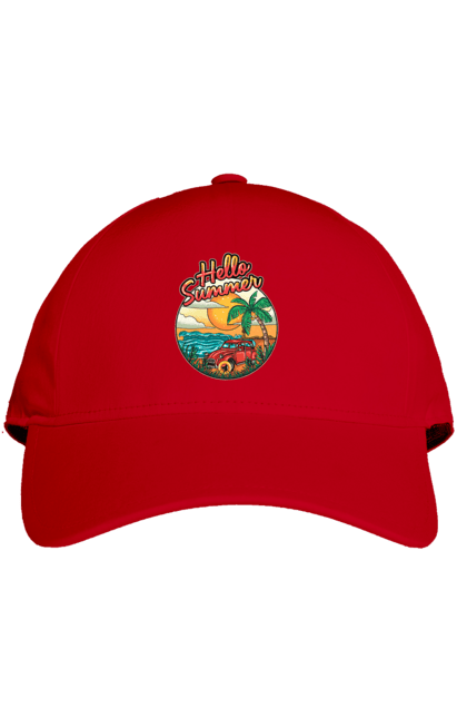 Кепка з принтом "Привіт Літо, Машина Біля Моря". Літо, машина, острів, пальма, пляж. 2070702