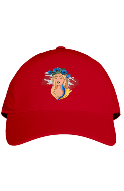 Кепка з принтом "Дівчина на карті України". Дівчина, дівчина на карті, жовтий, карта україни, квіти, прапор, синій, україна, червоний. 2070702