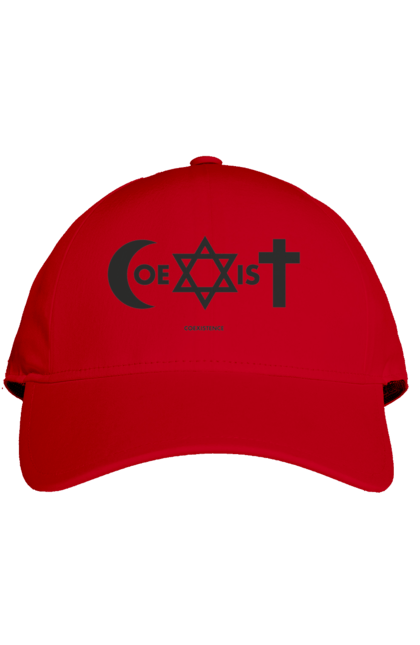 Кепка з принтом "Coexist". Coexist, іслам, іудаїзм, міжрелігійний діалог, релігія, рівність, символи віри, толерантність, християнство. 2070702