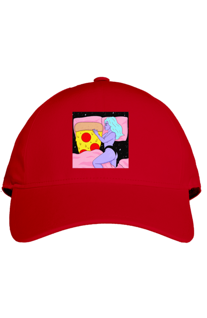 Cap with prints Purple Girl And Pizza. Bed, girl, pizza. 2070702
