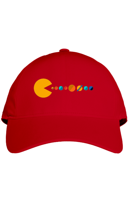 Кепка з принтом "Pac Man Planets". Atari, namco, pac man, аркадна відеогра, відеогра, комп`ютерна гра, космос, лабіринт, планети, сонячна система. 2070702