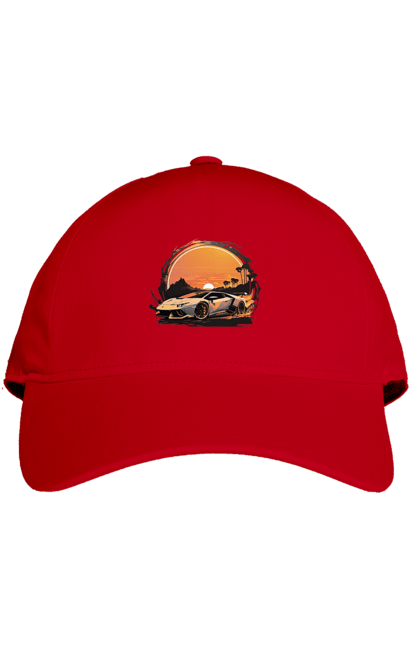 Кепка з принтом "Ламборджині на заході сонця". Авто, автомобіль, ламборджині, машина, машини. 2070702