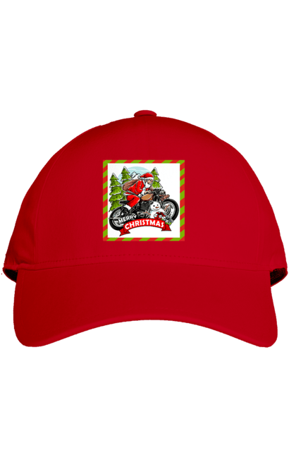 Cap with prints Santa on a motorcycle. Christmas, motorcycle, new year, presents, santa, snowman, tree. 2070702
