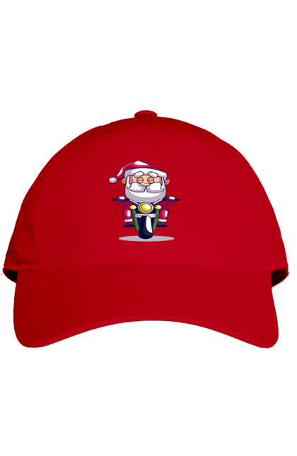 Кепка з принтом "Щасливий Санта на мотоциклі". 2022, дід мороз, зима, мотоцикл, новий рік, різдво, санта, сніг. 2070702