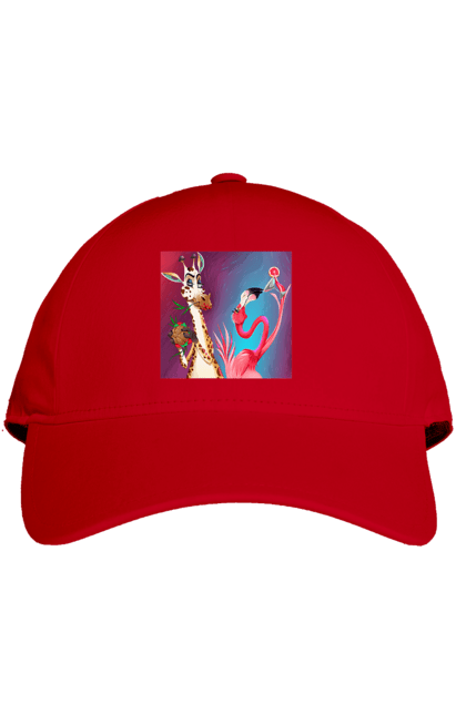 Кепка з принтом "Жираф І Фламінго На Вечірці". Жираф, їжа, коктейль, фламінго. 2070702