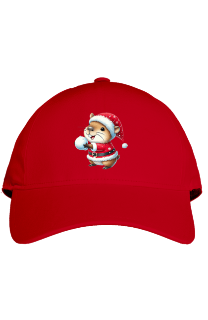 Cap with prints Capybara playing snowballs. Animal, capybara, christmas, christmas capybara, game, gift, holiday, new year, santa, snowballs. 2070702