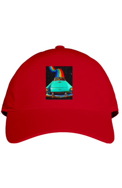 Кепка з принтом "Картина, машина у космосі". Веселка, картина, космос, машина, подорожі, поїздка, прикол, ретро. 2070702