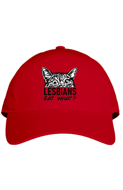 Cap with prints What do lesbians eat?. Funny inscriptions, humor, jokes, kittens, lesbians, lgbt. 2070702